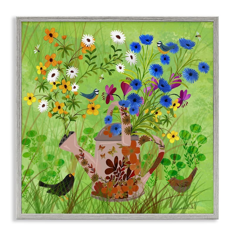 Stupell Bright Gardening Can & Birds Framed Giclee Art Design By Kay Widdowson - 24 x 24 - Grey