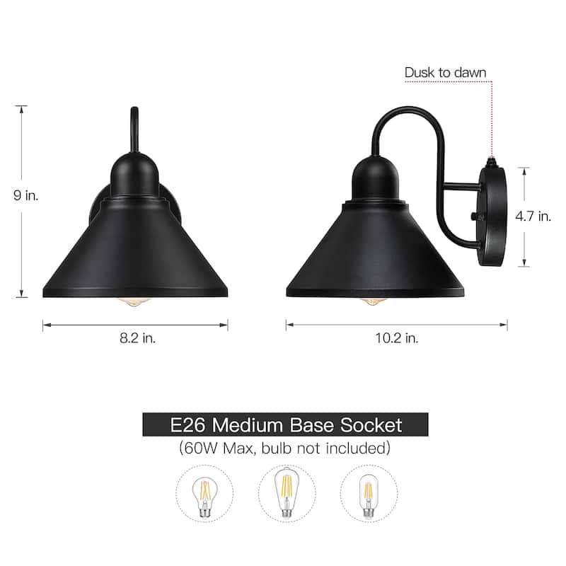 1-Light Dusk to Dawn Black Outdoor Wall Sconce Light set of 2 - Dusk to dawn
