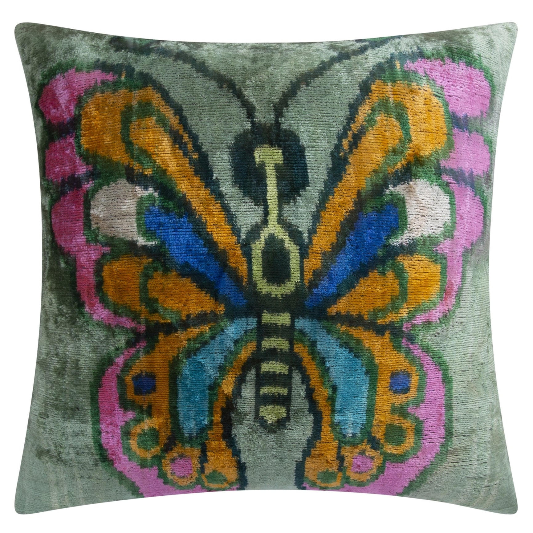Silk Velvet Butterfly Throw Pillow - 20x20, Vibrant Green, and Blue with Insert - 20" x 20"