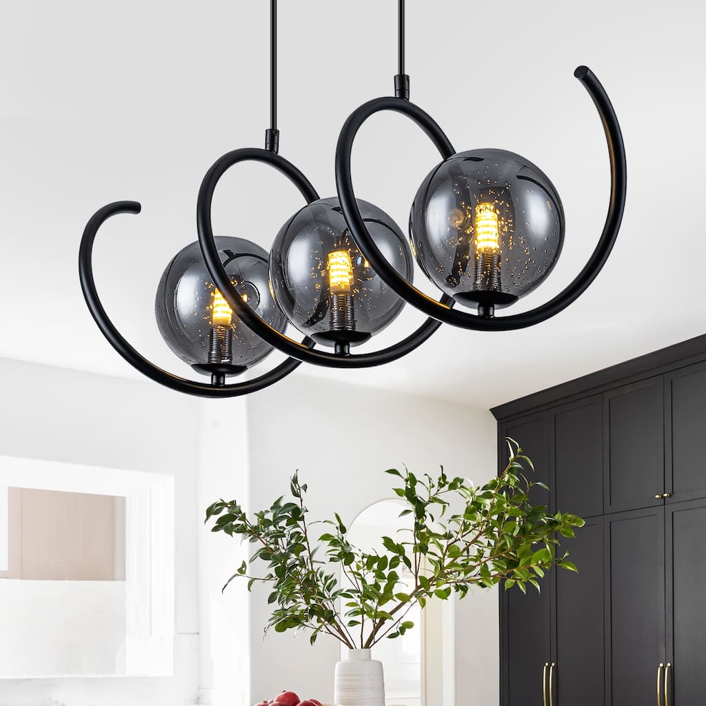 Modern 3-Light Black Spiral Pendant Light with Smoky Gray Glass Shades - Dia.24-in