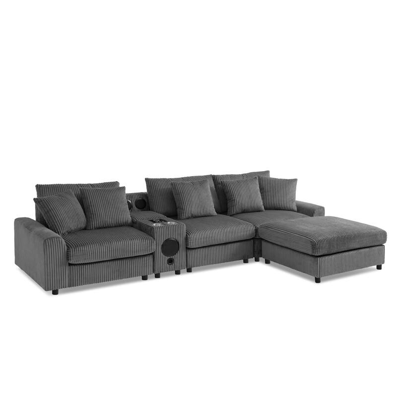 Modular Corduroy Sectional Sofa with Bluetooth Speakers, Charging Ports, Cup Holders, Storage and Ottoman for Living Room