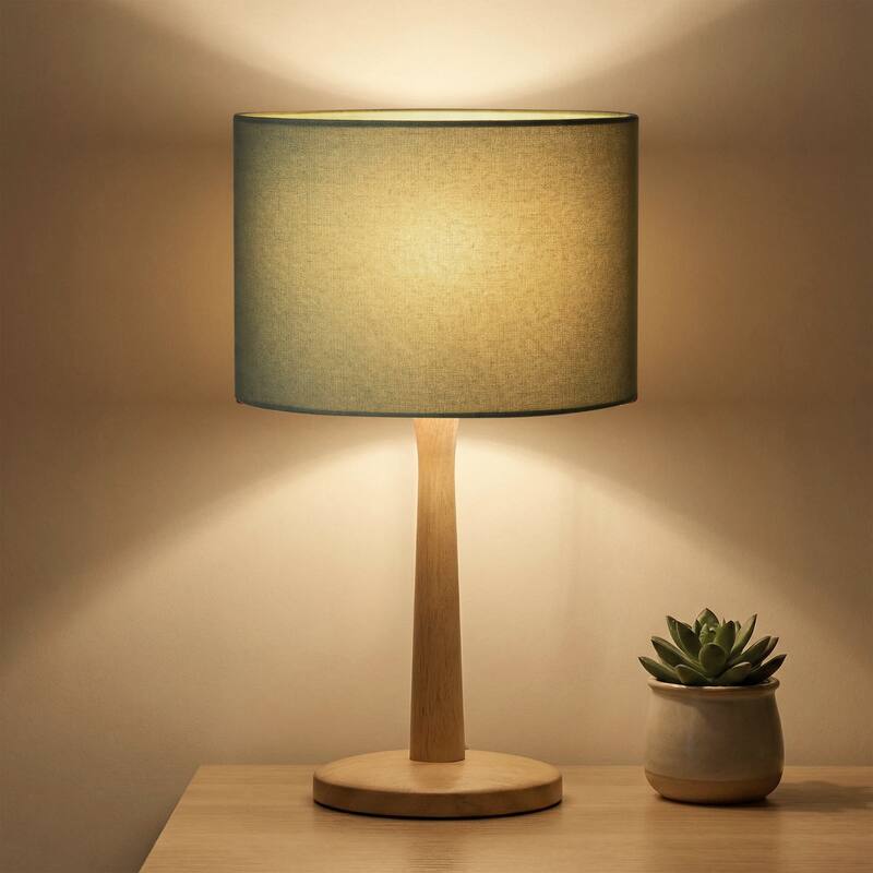 16.3 in. Modern Natural Wood Table Lamp with Linen Fabric Shade - Green