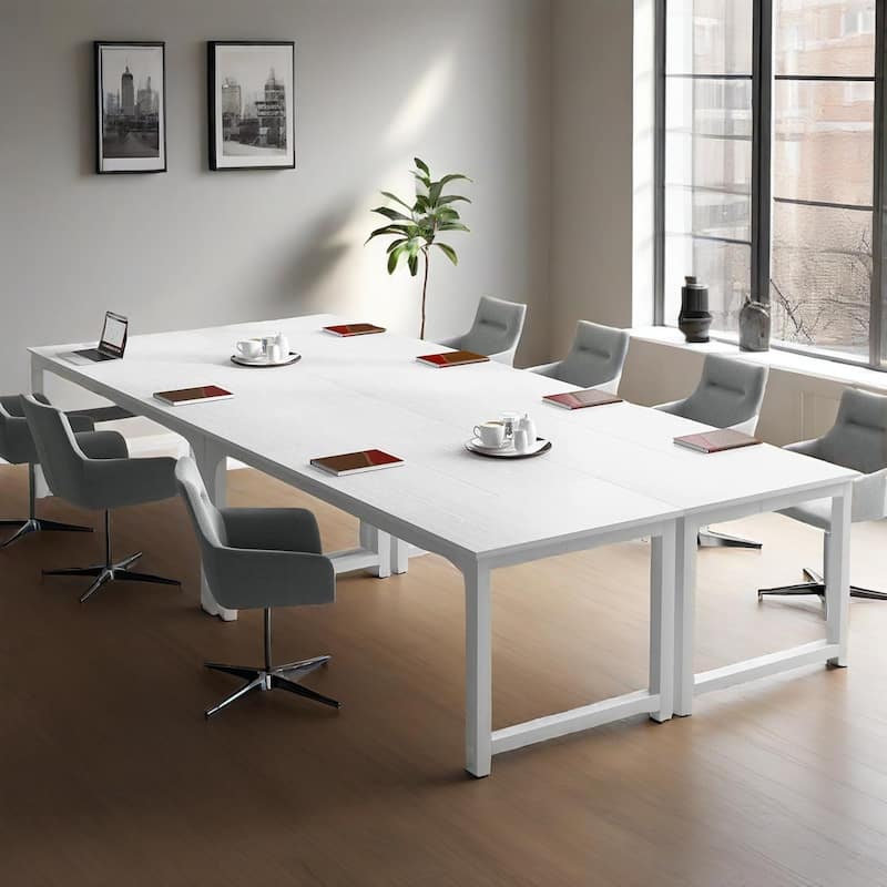 Modern Executive Desk with Wood-Grain Top, White Accents & Metal Frame Spacious Computer & Office Workstation