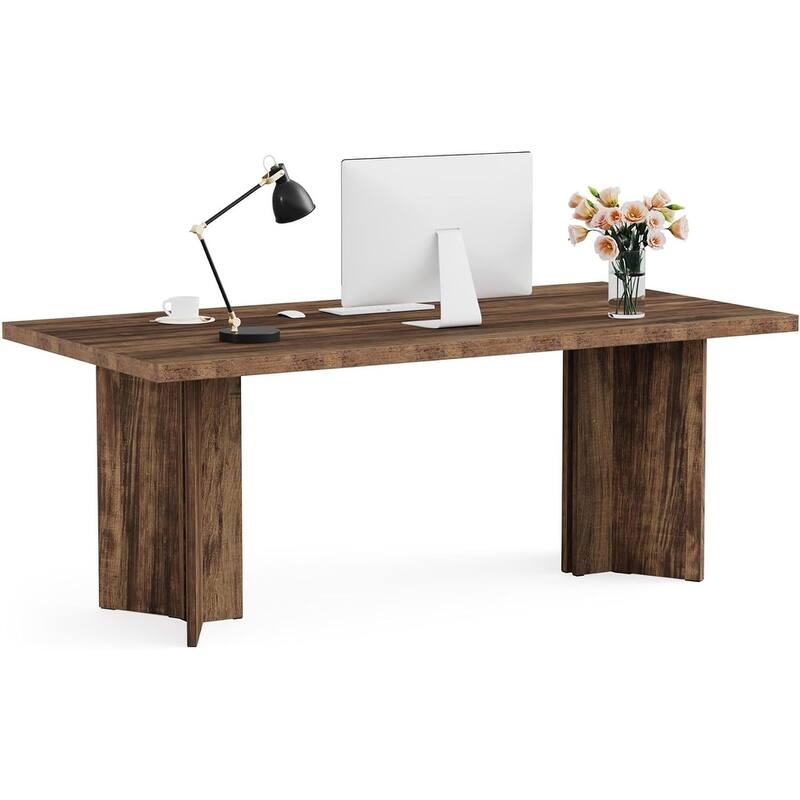 63" Farmhouse Executive Desk - Vintage Wood Computer Workstation with Thickened Tabletop, Large Writing & Conference Table