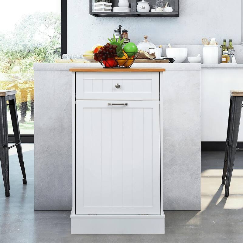 Erommy Tilt Out Trash Cabinet, Wooden Kitchen Trash Can Free Standing Waste Bin, Recycling Hideaway Garbage Can Holder