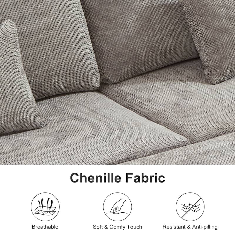 Corner Sectional Sofa with Pull Out Chaise Lounge and Pillow Top Arms, Chenille Sleeper Couch with Storage Seat and Ottoman