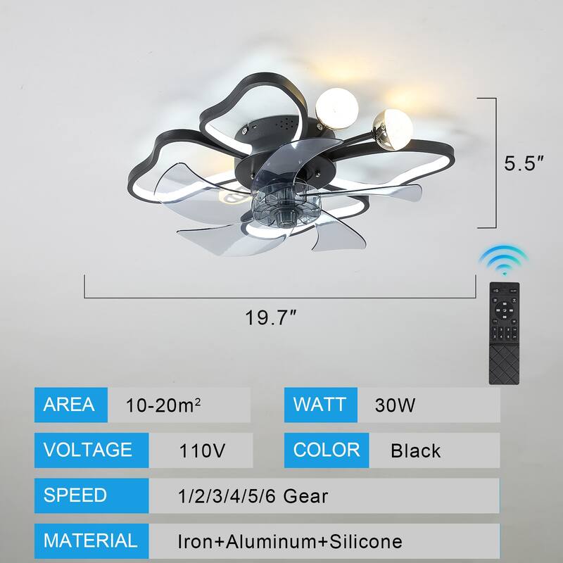Oaks Aura 20in. Modern Butterfly Flush Mount Ceiling Fan with Light for Bedroom,6-Speed Low Profile Ceiling Fan With Remote