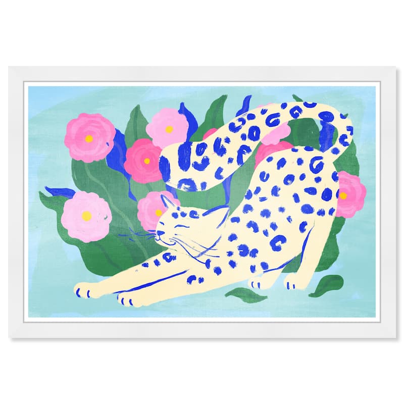 "Cat Yoga", Wild Cat Garden Modern Blue Framed Wall Art Print for Bedroom - 15 x 21 - White