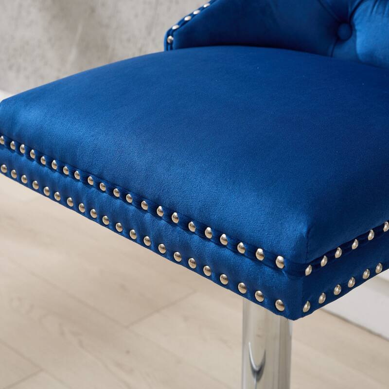Thick Chrome Swivel Velvet Barstools,Adjustable Height,Modern Upholstered,Tufted Buttons&Diamond Pleating,Sponge&Spring Seat