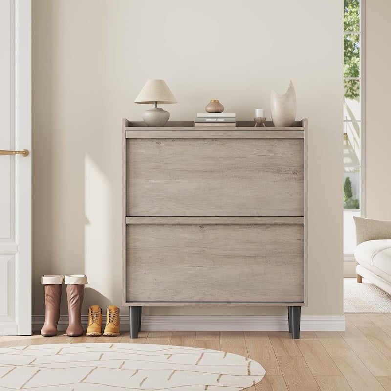 Narrow Shoe Cabinet Organizer with 2 Flip Drawers for Entryway, Hallway, Living Room