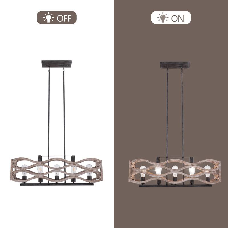 CurveCurio Rustic Wood Chandelier, 5 Lights, White Distressed Fixture for Bedroom and Living Room