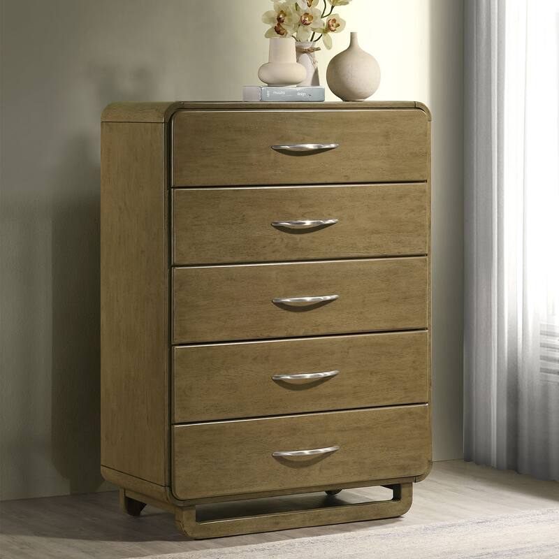 5 Drawers Wooden Chest with Matte Nickel Hardware in Nutmeg