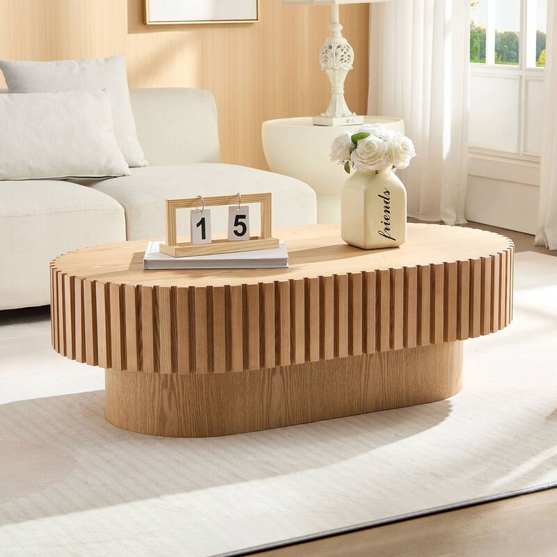 Modern Contermporary Natural Oval Accent Coffee Table with Sturdy Pedestal, MDF for Living Room No Assembled