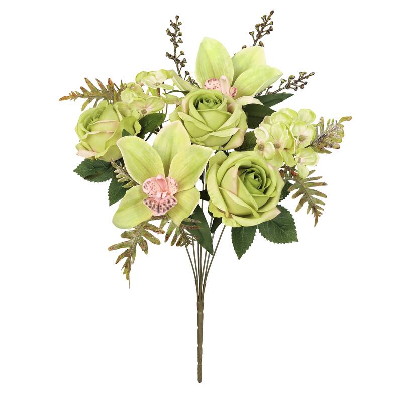 Set of 2 Green Artificial Mixed Rose Cymbidium Orchid Hydrangea Flower Stem Bush Bouquet 16in - 16" L x 9" W x 9" DP