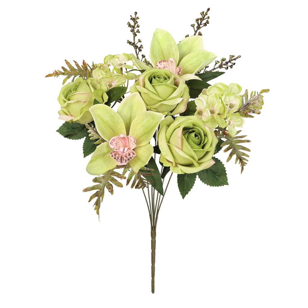 Set of 2 Green Artificial Mixed Rose Cymbidium Orchid Hydrangea Flower Stem Bush Bouquet 16in - 16" L x 9" W x 9" DP