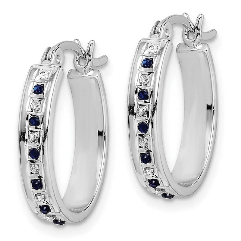 Curata Sterling Silver Diamond and Sapphire Oval Hinged Hoop Earrings (19x3mm)