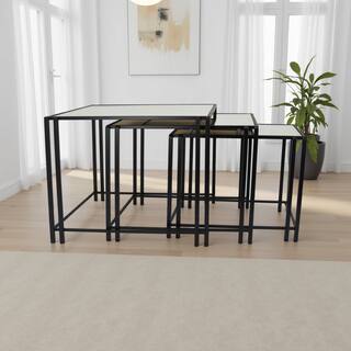 Buckley Nesting Plant Stand Table Set of 2, Black Metal, Mirrored Top