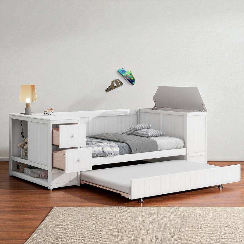Twin Size Daybed with Storage Arms, Trundle and Charging Station, Solid Wood Frame with Drawers and USB Ports