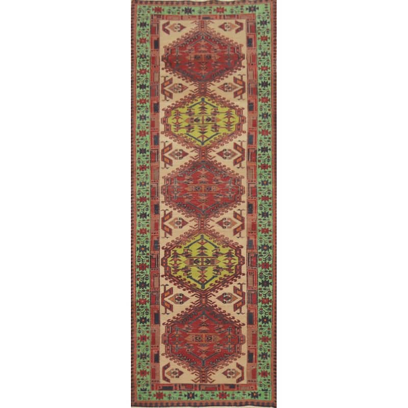 Hand Knotted Oriental 100% Wool Carpet Traditional Tribal Beige & Ivories Ardebil Runner Rug - 10' 5'' X 3' 1''