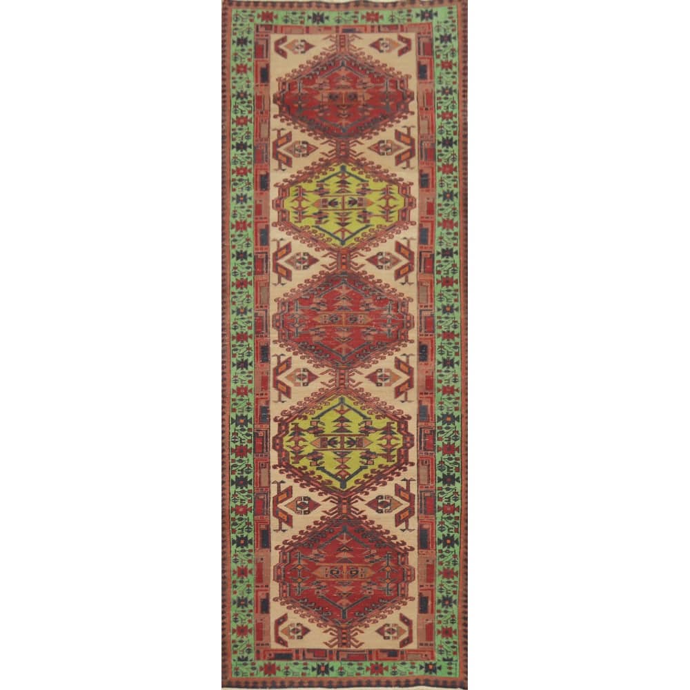 Hand Knotted Oriental 100% Wool Carpet Traditional Tribal Beige & Ivories Ardebil Runner Rug - 10' 5'' X 3' 1''