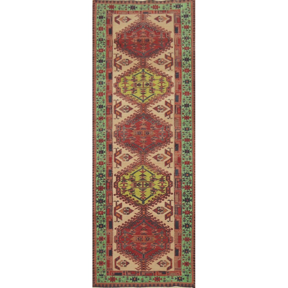 Hand Knotted Oriental 100% Wool Carpet Traditional Tribal Beige & Ivories Ardebil Runner Rug - 10' 5'' X 3' 1''
