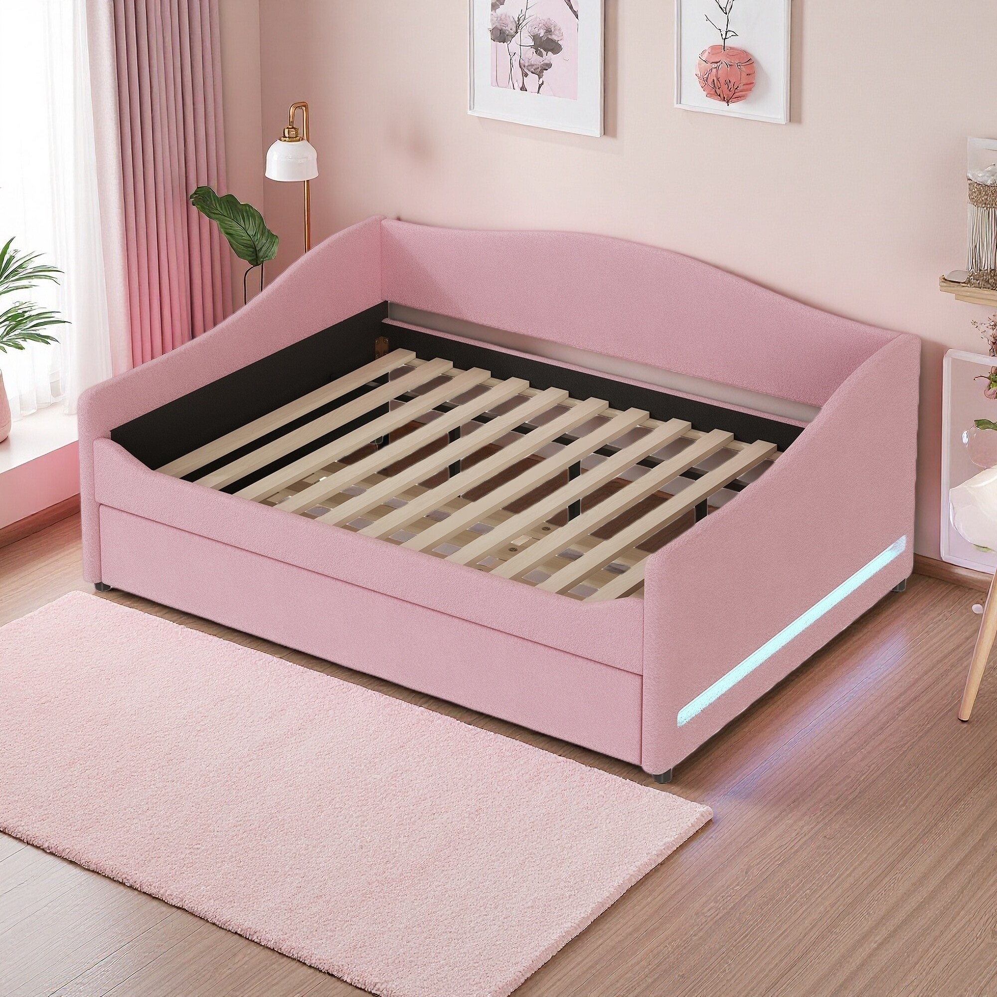 Full Size Teddy Fleece Upholstered Daybed with LED Light and Twin Size Trundle, Space-saving Design, 500 lbs Weight Capacity