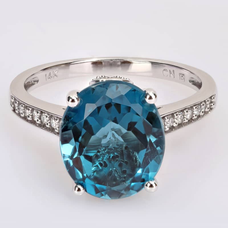 Miadora 14k White Gold Oval-cut London-Blue Topaz and 1/4ct TDW Diamond Cocktail Ring