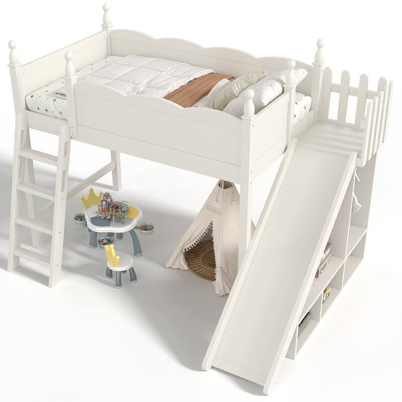 Twin Loft Bed with Storage Shelves and Wardrobe, Solid Wood Loft Beds with Detachable Slide and Ladders, No Spring Box Needed