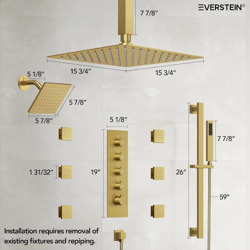 Thermostatic Rainfall Shower System with Handheld Spray, 16" & 6" Dual Shower Head and 6 Body Jets