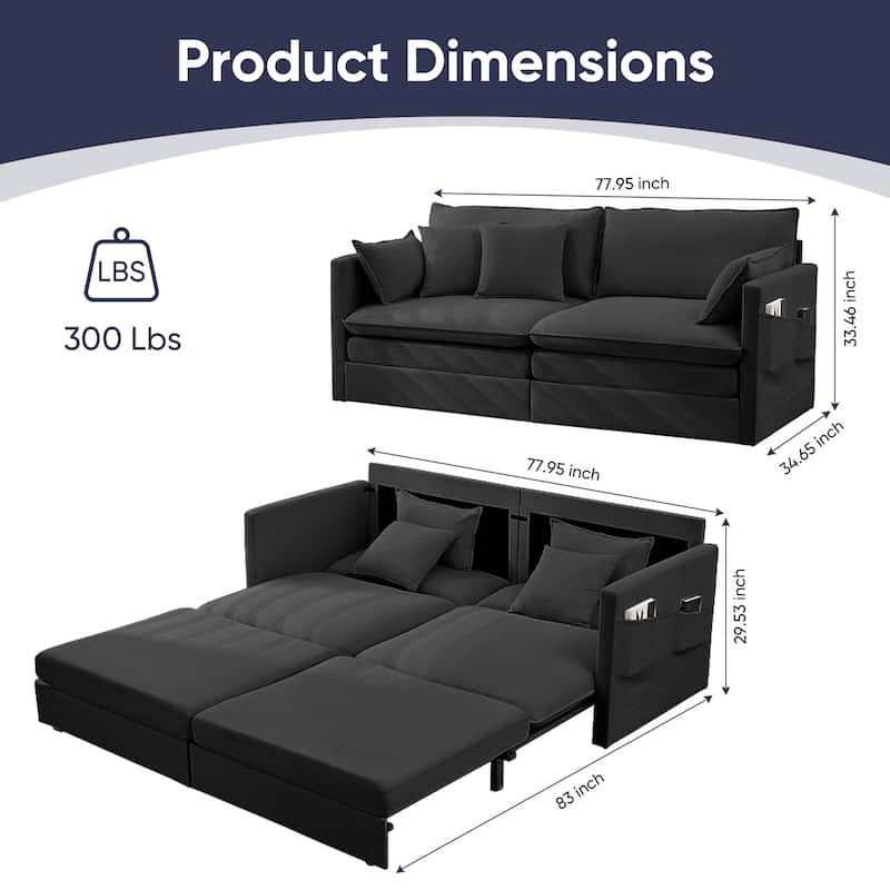 Mixoy 77.95'' lce Velvet 3-in-1 Convertible Loveseat Sleeper Sofa Bed with Side Pockets,Pull Out into Chaise Lounge/Sleeper Bed