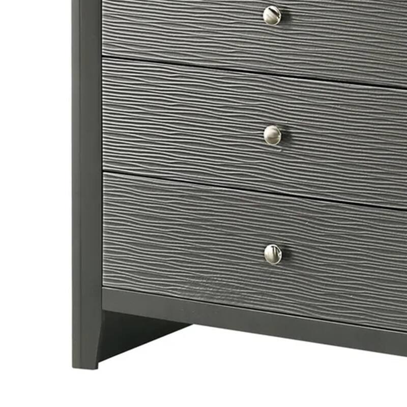 Deny Tall Dresser Chest, 5 Drawers, Silver Round Knobs, Metallic Gray Wood