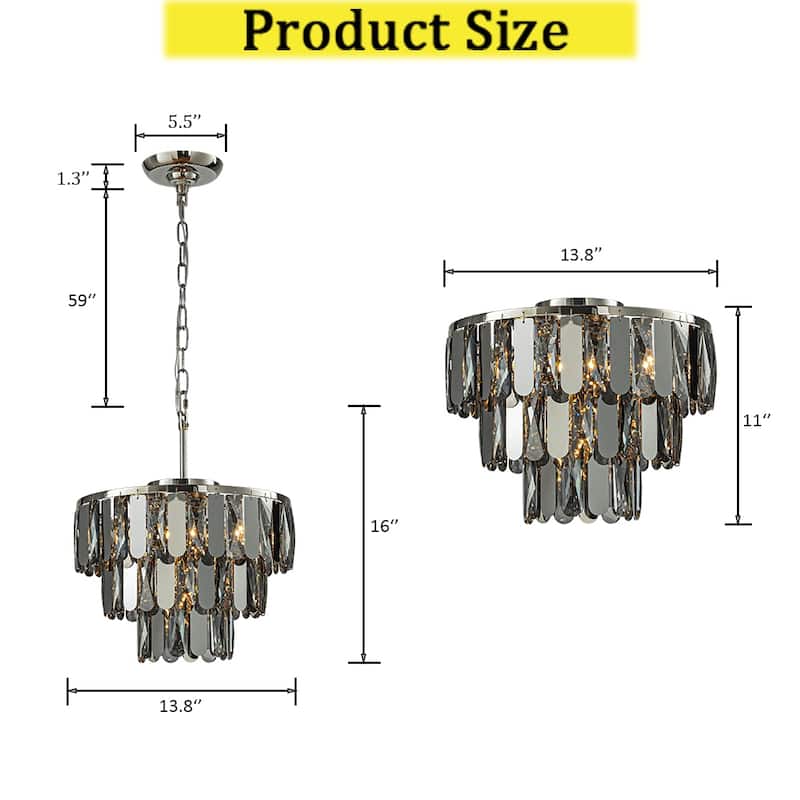 CraftHome Dimmable Modern Smoked Crystal Chandelier Contemporary Round Polished Nickel Pendant Light Fixture