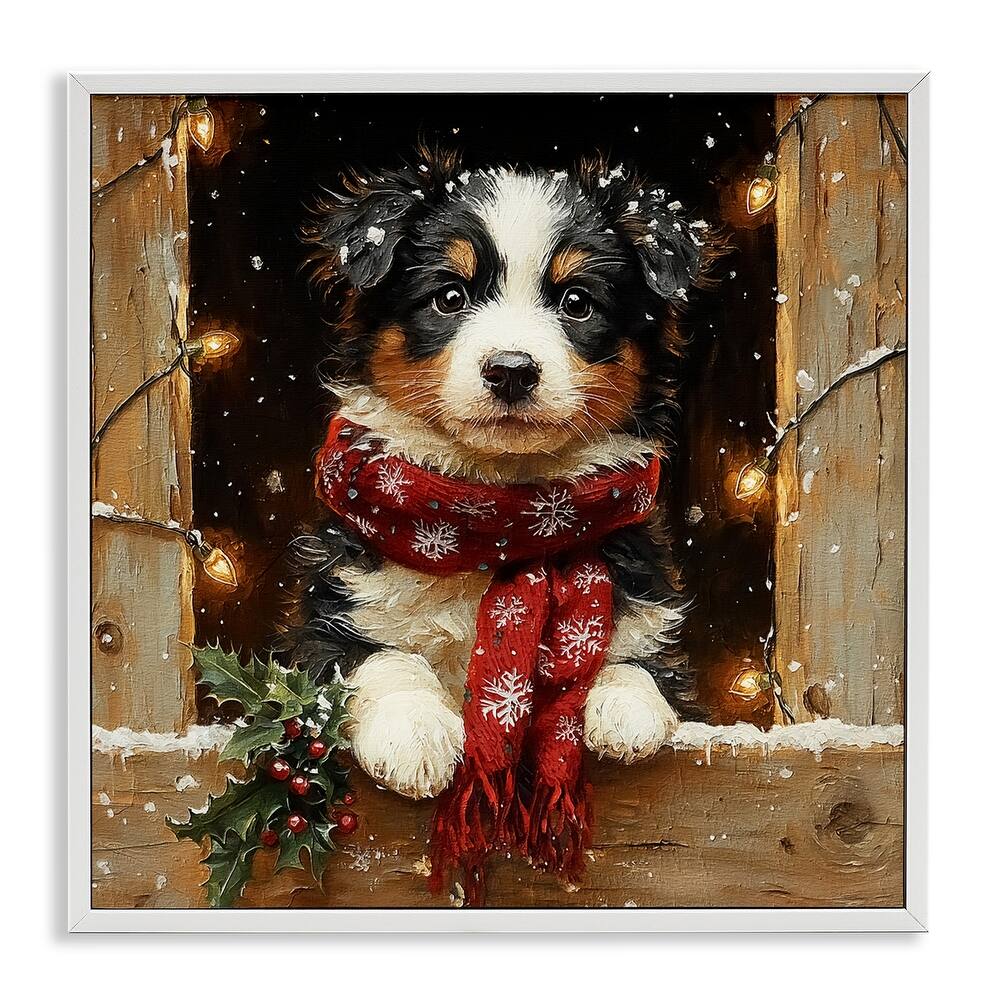 Stupell Snowy Christmas Lights Puppy Framed Giclee Art Design By Riley B