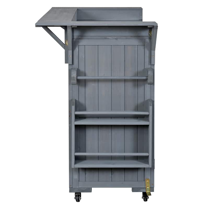 60.2"W Rolling Outdoor Kitchen Island with Wheels and Stainless Steel Top, Wood Grill Cart with Spice Rack&Wine Rack