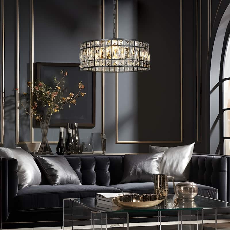 Aulia Modern 3-Light Black Crystal Drum Chandelier for Living Dining Room