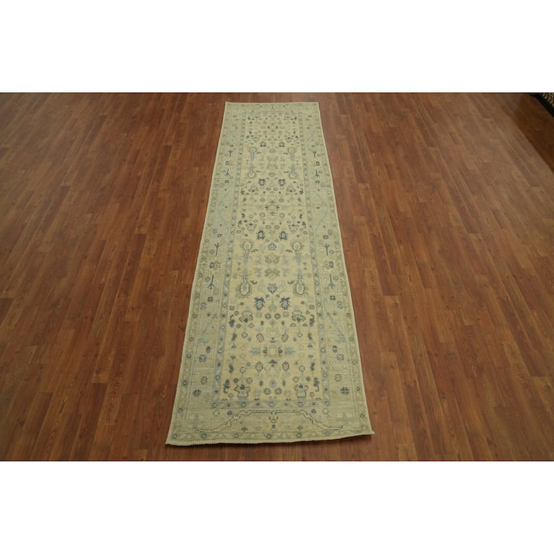 Earth Tone Wool Oushak Vegetable Dye Runner Rug, Floral Geometric Carpet - 9' 8'' X 2' 11''