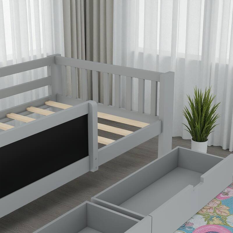 Twin/Full Solid Wood Platform Bed with Chalkboard Headboard, Storage Drawers and Shelves, Space-Saving Kids Bed