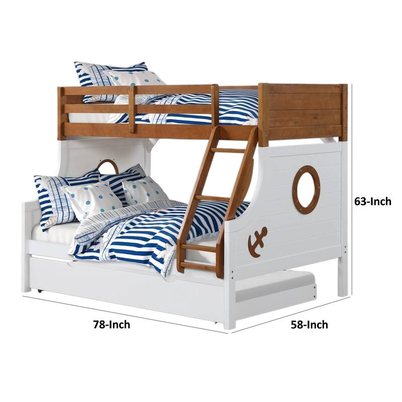 Nexo Twin over Full Bunk Bed with Trundle, Oak Brown, White, Solid Wood