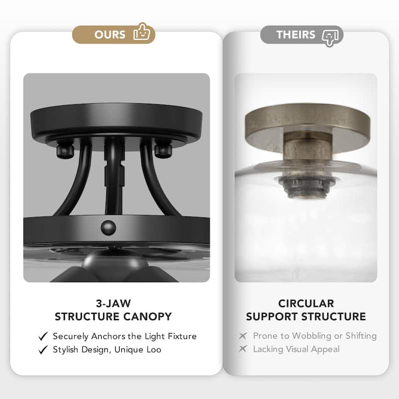 CO-Z 3-Light Matte Black Clear Glass Semi Flush Mount Ceiling Light