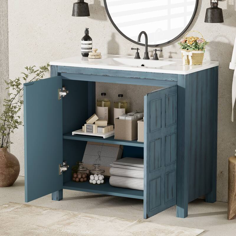 36 "Ceramic Sink Bathroom Vanity Set with Storage Cabinet Organizer‌. - Retro Blue