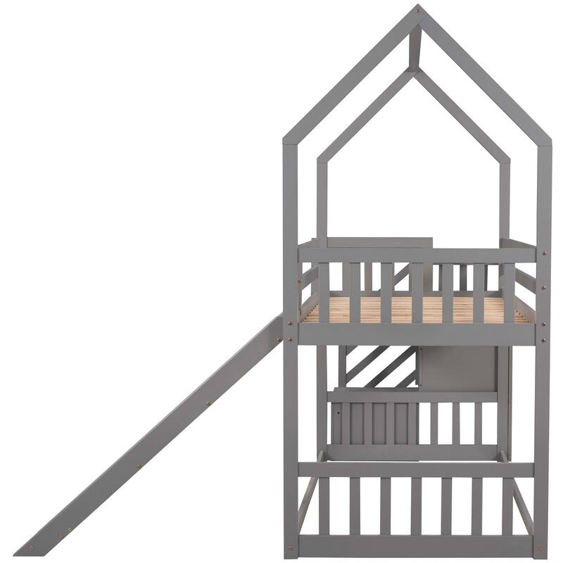Twin over Twin House Bunk Bed with Convertible Slide and Storage Staircase