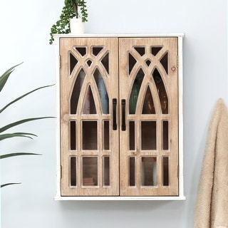Farmhouse White and Natural Wood Cathedral Storage Wall Cabinet - 23.6" H x 18.9" W x 8.27" D