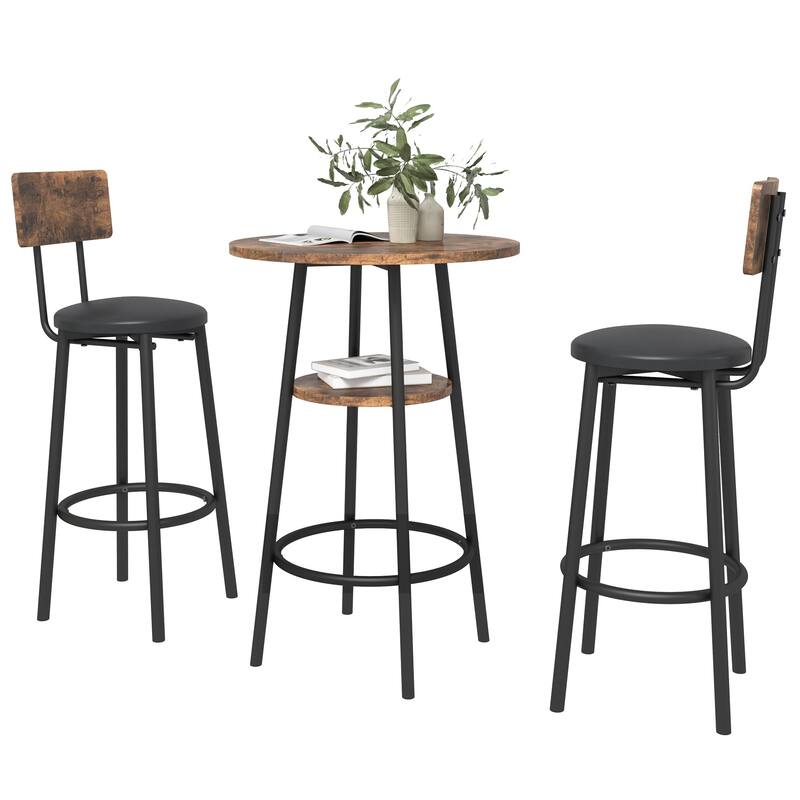 3 Pcs Dining Set, 2-Tier Round Bistro Bar Table & Upholstered Chair - Rustic Brown