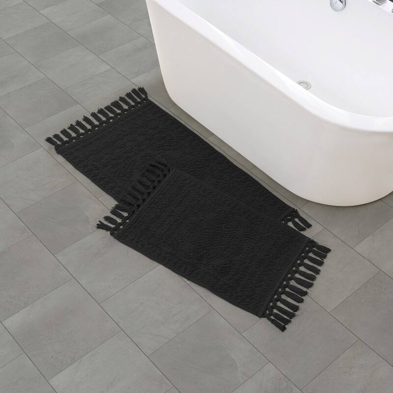 French Connection Nellore Fringe Cotton Bath Rug - 17x28/20x38 - Black