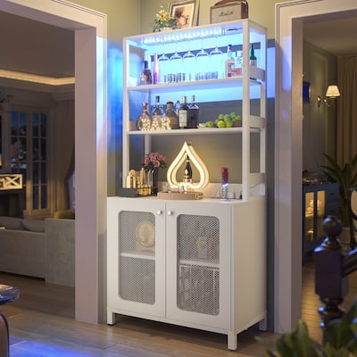 66.9'' Tall Modern Wine Cabinet Bar Cabinet with Wine Glasses Rack and LED Strip and Power Outlets