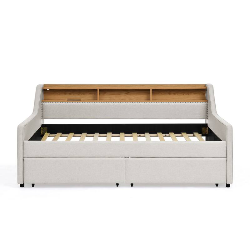 Wooden Platform Bed with Wireless Charging