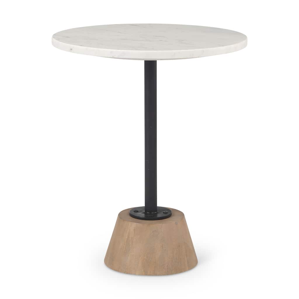 Maxwell White Marble and Light Brown Solid Wood Side Table
