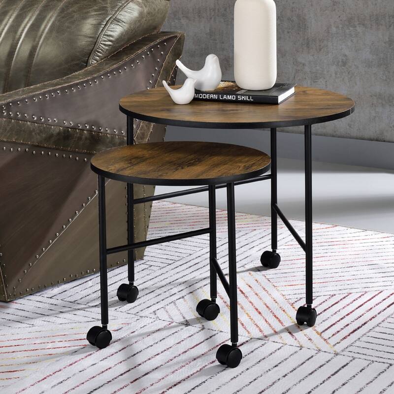 2 Piece Nesting Table Set with Caster-Wheels, Vintage Oak