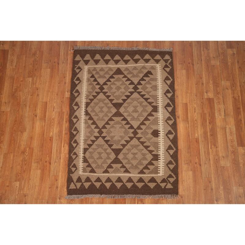 Geometric Kilim Oriental Area Rug Flat-weave Wool Foyer Carpet - 3'3" x 4'8"