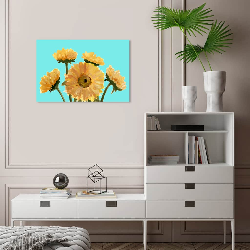Wynwood Studio Canvas Floral and Botanical Sunflower Fields AQUA Blue and Dark Yellow Rustic Wall Art Canvas Print